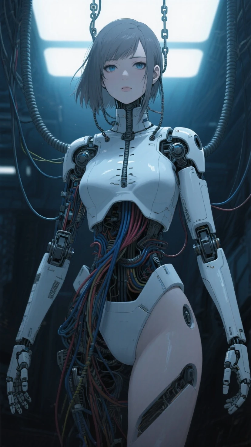 (((masterpiece))), (((best quality))), ((ultra-detailed)), (highly detailed CG illustration), ((an extremely delicate and beautiful)),cinematic light,((1mechanical girl)),solo,(cowboy shot:1.2),(machine made joints:1.2),((machanical limbs)),(blood vessels connected to tubes),(mechanical vertebra attaching to back),((mechanical cervial attaching to neck)),expressionless,(wires and cables attaching to neck:1.2),(wires and cables on head:1.2),(character focus),science fiction,extreme detailed,colorful,highest detailed, loongs,fengs,background,
