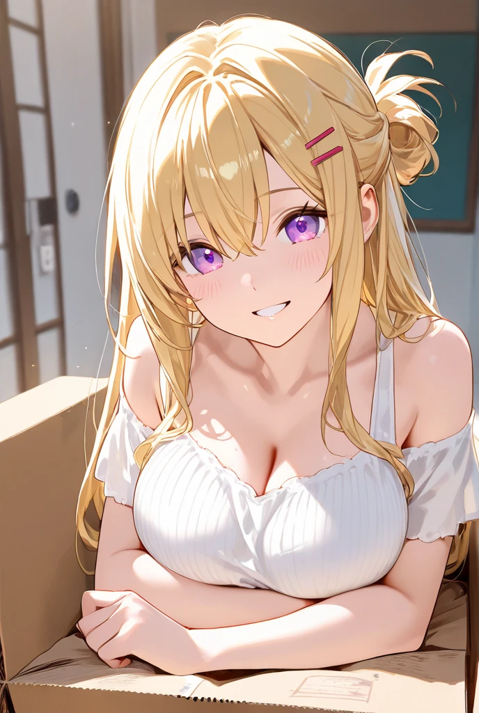 (masutepiece、Best Quality)、Arisa Ichigaya、Twin-tailed、X Hair Ornament、Twin-tailed、1girl in、Open bra、Beautiful eyes、Well-formed face、very large udder、Too big、yellow ruffled lace bra、yellow bra shoulder straps、yellow lace panties、Big and beautiful nipples、Beautiful areola、beauty legs、a room、emphasizing breasts、blushed face、Figure-eight eyebrows、Moist eyes、Seduce a man、shame、