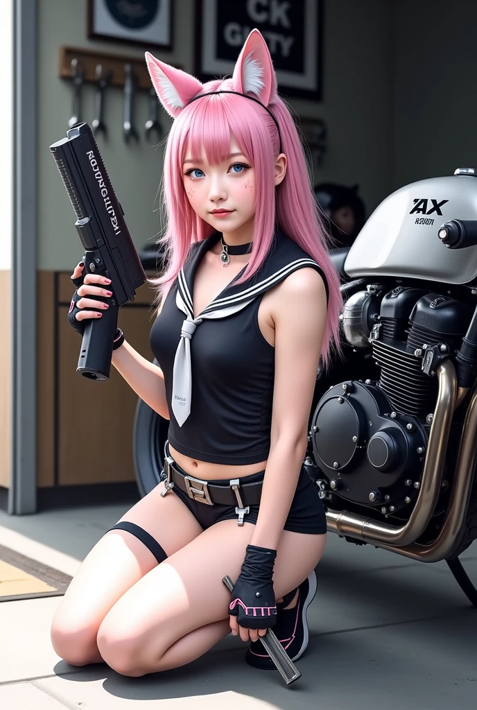 ulzzang-6500-v1.1,(raw photo:1.2),((photorealistic:1.4)),best quality,masterpiece, illustration, an extremely decision and beautiful, extremely detailed,CG,unity,8k wallpaper, amazing, fineness detail , official art, very detailed CG unified 8k wallpaper, ridiculous, incredibly ridiculous, huge file size, super detailed, high resolution, beautiful detailed girl, very detailed eyes and face, beautiful detailed eyes, light on face, movie lights, ((very pink tights)), 1girl, full body, full body photo, looking at the audience, ((light pink hair)), red eyes, ((bliss), The best detailed background, (cosplay), (smile), double ponytail, ((holding a rifle)),