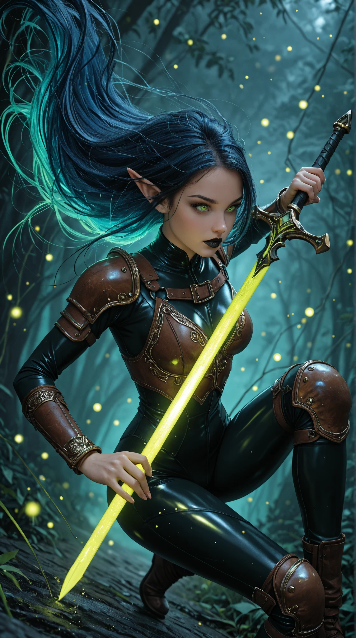 best quality, ultra-detailed, extremely detailed CG, unity 8k wallpaper, official art, caustics, super detailed skin, perfect anatomy, detailed, dynamic lighting, short woman with curvy body, latin features, short dark hair, completely black eyes, with black skin like the shadar-kai elven race, with clothes and armor made of leather (complete clothes), having a whip as a weapon in her hands and daggers on her belt