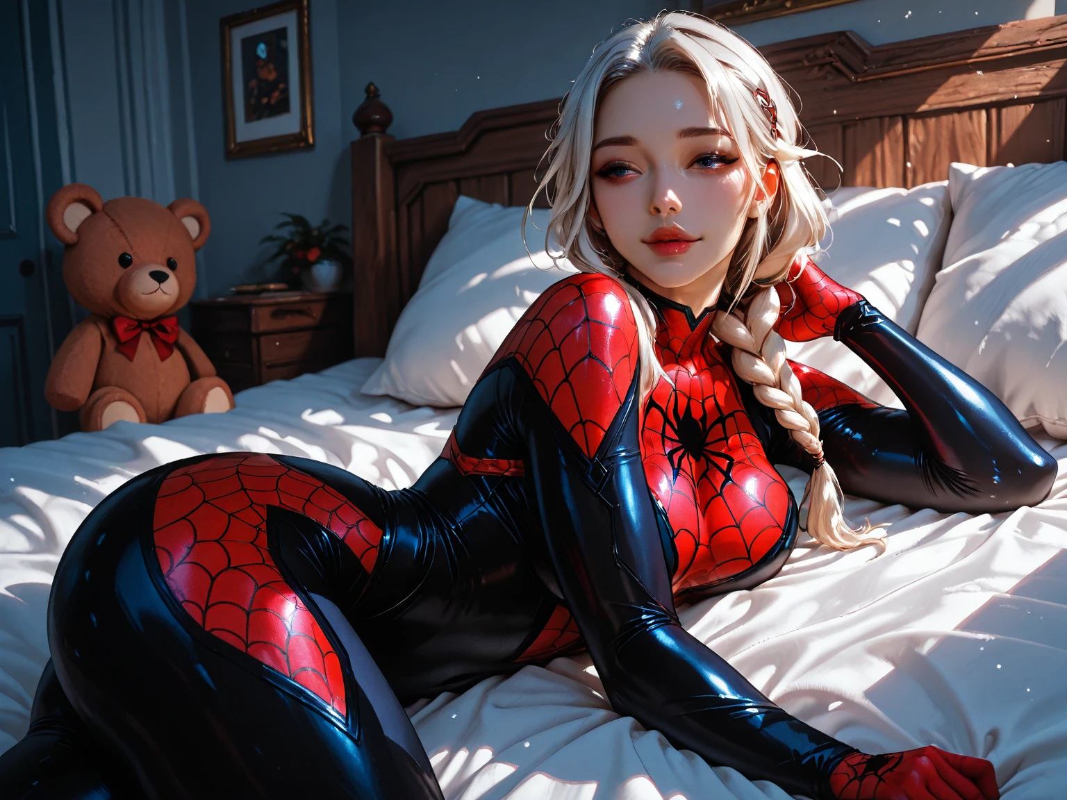 “((Realistis))),(((woman)))),straight from real life,with yellow hair,dressed in(pyjamas_Pink)Pink pajamas and Spider-Man pants lying on bed,,Sleeping female Spider-Man,Sleeping on the Bed