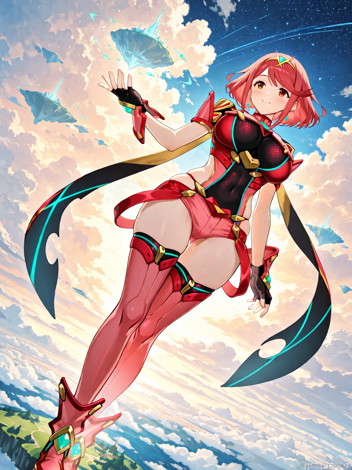 pyra \(xenoblade\), _1girl, lolibangs, black gloves, breasts, red eyes, shout, earrings, eyelashes, fingerless gloves, floating hair, , gem, gloves, hair ornament, headpiece, jewelry, gigantic_breasts, leaning back, swimsuit, neon trim, official art, pose, red hair, saitou masatsugu, short hair, sidelocks, skin tight, solo, swept bangs, thighhighs, tiara, fantasy_town_background, underbust, xenoblade chronicles \(series\), (xenoblade chronicles 2), (spread_legs:1.1), fire_effect,dynamic_pose,fighting,light_smile, (plump:1.1), big_ass,huge_sword, hold_large_sword_hilt, covered_nipples, covered_pussy, fists,ponytail,beautiful_fingers,(solo:1.1), bare_shoulder,(shoulder_naked:1.2), nipple_jewel,back, back_view, focus_ass,ass, (very_short_shorts:1.3),(lise_leg:1.4)