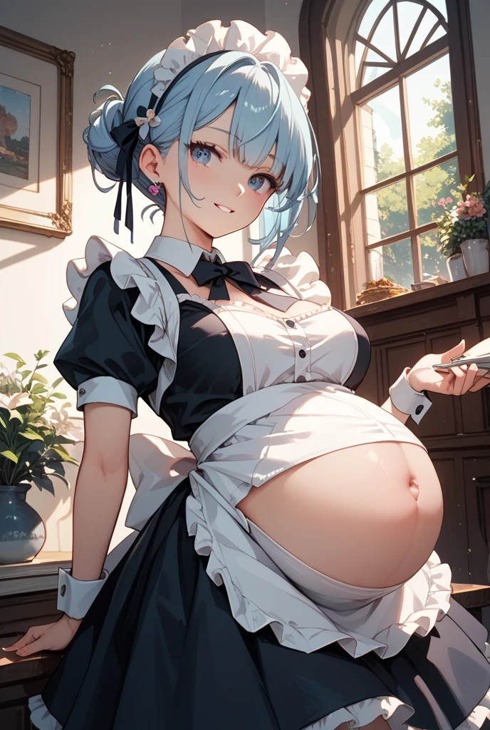 1girl, maid, masterpiece, best quality, girl, grey hair, short hair, blue eyes, medium breasts, indoors, maid headdress, maid, maid apron, wrist cuffs, smile, own hands together, hands behind back, smile, thick thighs, large breasts, from below, black lace bra, bra peek, pointy breasts, wide hips, thigh gap, magically pregnant, covered pregnant belly under skirt, outie belly button, covered belly button, teen(18+), thin waist, big ass, panties peek beneath skirt, black choker, wearing choker, goddess of fertility in disguise, goddess, glowing eyes, Bra lift, paintes aside