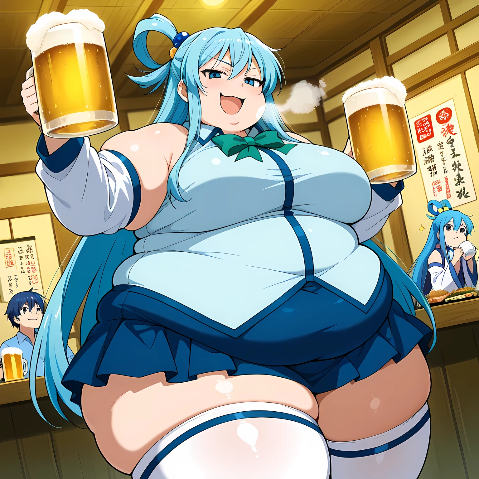 fat, large belly, standing, fat belly, very fat, large stomach, chubby, Aqua, Aqua Konosoba, very fat, safe for work, obese, giant belly, fat, huge, heavy, very fat, safe for work, fat, large belly, standing, grabbing belly, very fat, large stomach, chubby (best quality, masterpiece), sitting, table full of food, drinking beer