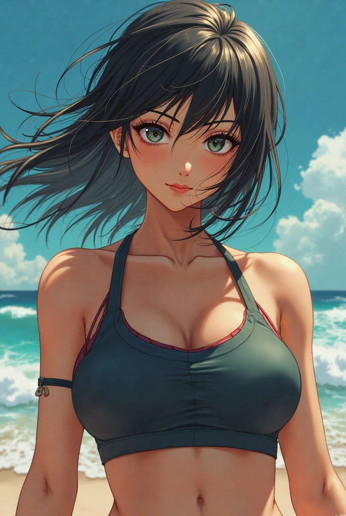 The most beautiful and sexy hentai girl, long black hair in a ponytail, beautiful green eyes, huge gigantic tits, cleavage showing, tons of tattoos and piercings, wearing a white tank top and torn skinny jeans, dripping wet and sweaty body, dripping wet tank top, see through dripping wet tank top, on the beach, highly detailed background, perfect masterpiece, high quality, high resolution