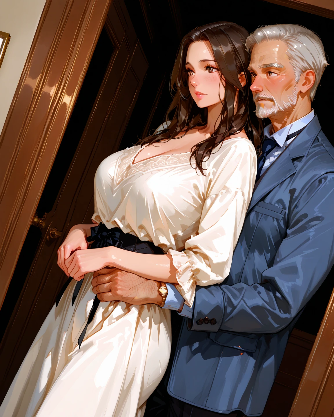 Old man and teenage posing for photos in room, romance novel cover, WLOP and Sakimichan, realistic fantasy rendering, cute couple, WLOP and Andrei Riabovitchev, steam romance, romance, Guweiz, WLOP and Artgerm-style artwork, inspired by Alexander Jean, all dressed in Victorian clothes