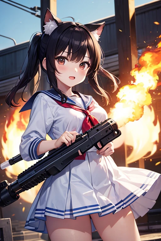 (score_9,score_8_up,score_7_up,score_6_up,score_5_up,score_4_up),best quality,masterpiece,uncensored, BREAK  1girl,(running,speed lines,dynamic:1.2),aquascreaming, screaming, open mouth, crying with eyes open, pink eyes, brown hair, twintails, very long hair, bangs, black headwear, hat, sailor collar, serafuku, red neckerchief, black shirt, crop top, short sleeves, navel, midriff, suspenders, pleated skirt, black skirt,striped panties, thighhighs, black gloves ,night,explosion,cowboy shot,detailed background ,
