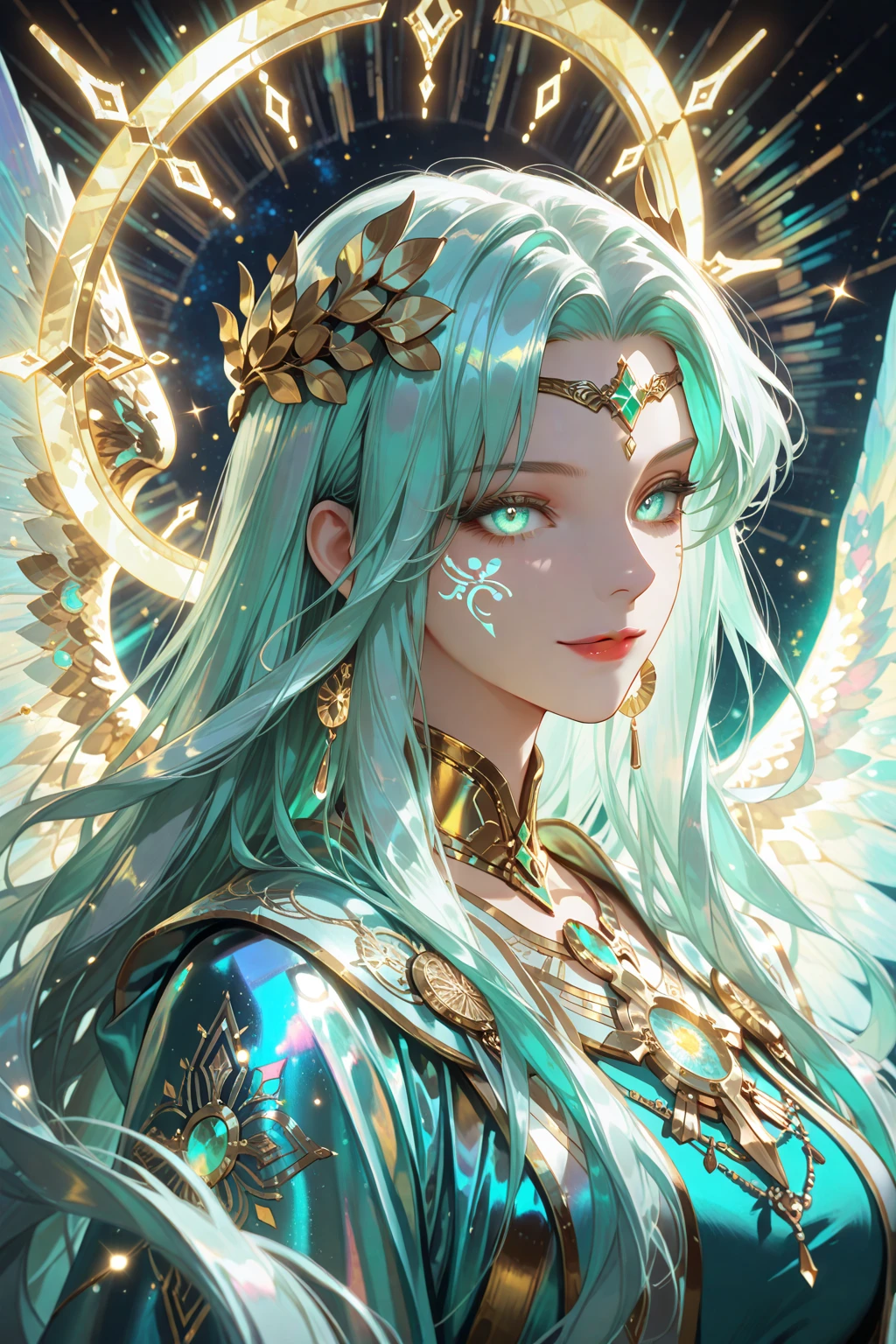 ((best quality)), ((masterpiece)), ((realistic)), portrait,
1girl, celestial, deity, goddess, light particles, halo, looking at viewer,empty, 
(bioluminescent:0.95) ocean, bioluminescent, vibrant, colourful, color, (glowing, glow),
(beautiful composition), cinematic lighting, intricate, (symmetrical:0.5), whimsical,