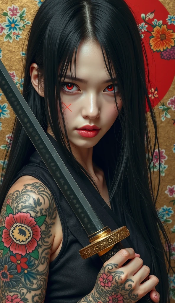 (photorealistic:1.3), masterpiece, best quality, (intricate details:1.2), (scenery:1.3), beautiful face, (black theme:1.3),
(((1girl, a girl in patterned kimono holding a dagger in her hand, (look at veiwer:1.3), (face tattoo:1.2), small oni horn,
))), full body, split in half