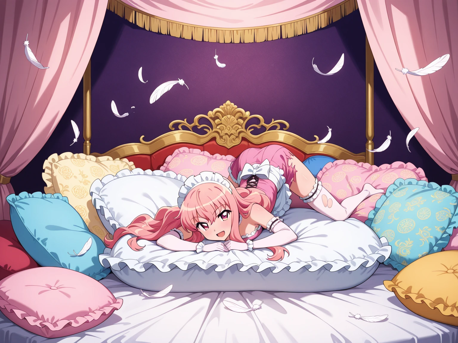 (best quality, masterpiece),mine , details), (Light and shadow oxtail , bed background, Cute girl posing on pillow ,Pillow,(piles of Pillow),Upholstered,((four poster bed)),Soft pillow quotation,Lots of Pillow,(Pillow),The love surrounding the protagonist,steam,Luxury Pillow),(luxury bed),(Gorgeous pattern pillow),luxurious pillow,(bedroom ),pillow humping,hump,open mouth,red eyes , kneeling,(Love around the protagonist),(Steaming hot),(pillow),Four poster bed,Canopy bed,Lots of pillow heads,princess bed , long hair , frilled pillow , ((pink polka dot pillow)) , big pillow