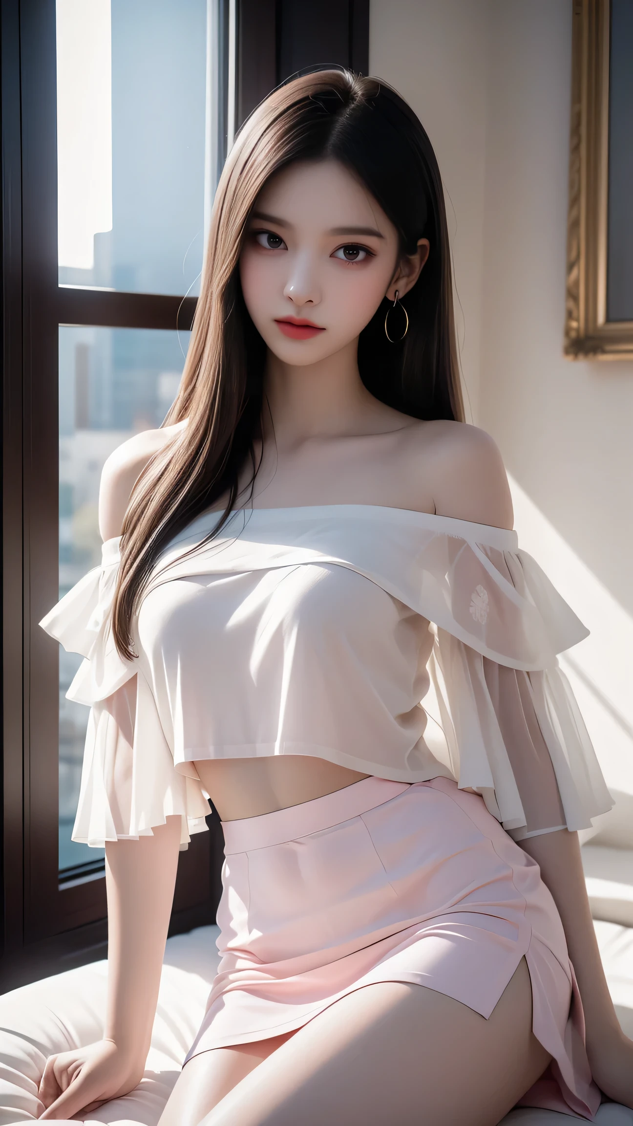 ((Realistic photo, Best quality, 8K, Masterpiece: 1.3)), (raw photo:1.2), Hyperrealist portrait gorgeous Beautiful Chinese girl, young girl, 16 years old, Perfect Figure, pretty body, (beautiful breasts: 1.2), very detailed eyes and face, (lustfully naughty face, natural lip, natural makeup: 1.3, blushing), beautiful detailed eyes, seductive sharp eyes, (charming smile: 1.2), white skin, photo realistic, very detailed face, ((modern off-shoulder chiffon blouse, pleated skirt)), (long legs: 1.2, beautiful long nails), loose curls hairstyle, ((sexy standing pose)), (midnight modern living room background)