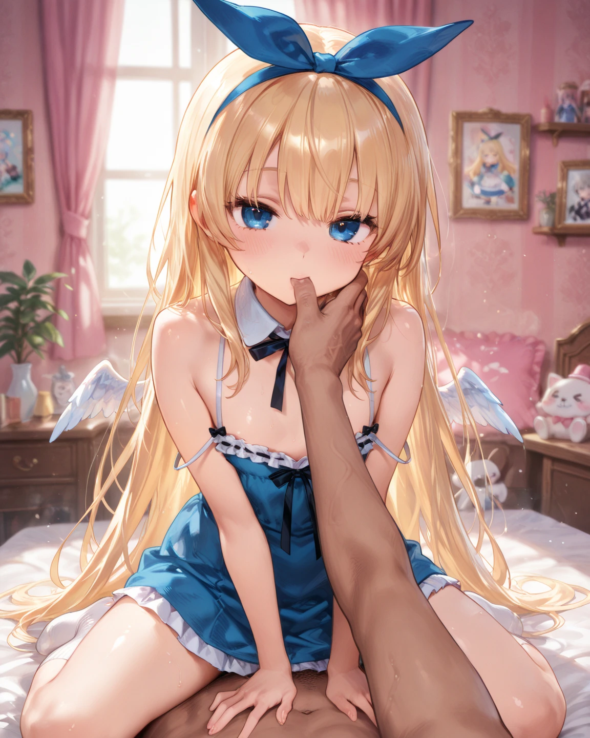 (8K, 最high quality, Tabletop:1.2)、超High resolution、Girl, Detailed face、blue eyes, blonde, Long Hair, Alice in Wonderland、最high quality, High resolution, Very detailed, Detailed Background, Perfect lighting、masterpiece、Best image quality、最high quality、 (cryin) ,Cute Characters, Most detailed, high quality、(missionary, 1boy, penis, lying, vaginale, ass pov, spread legs, sex, nsfw)、nose blush、steam、Oblique angle、Shiny Hair、Very fine and beautiful bright eyes、be scared、Very detailed, clear and beautiful face, Being stripped of clothes、No clothes、Slender body、Awards, Anatomically correct、((Scared))