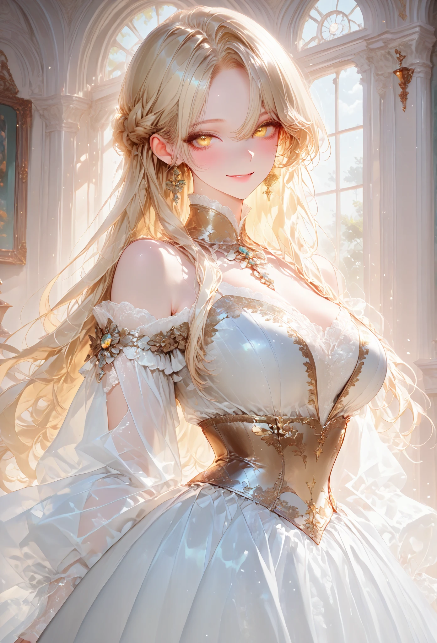 (Cinematic scene,Fantasy Art,Highest image quality,Hyperrealism portrait,(8K),Ultra-realistic,Best Quality,High quality,High Definition,high quality texture,high detailing,Beautiful detailed,fine detailed,extremely details CG,Detailed texture,realistic representation of face,masterpiece,presence,Dynamic,Bold),1gir,Ultra detailed skin,Curve,,Beautiful breasts,Large breasts,pale skin,pointed breast,Erect nipples,(Thin hair),(Soft hair),(Ultra straight hair),Swept long bangs,Extra bright coppery amber hair,Hair over one eye,nsfw,yuri,(porn image),(leather boots,asymmetrical mecha armor,(long embroidered white lace dress,see through,lift up the hem of the dress))