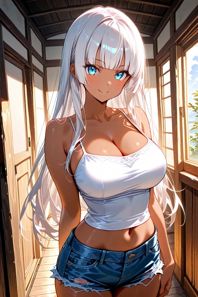 (best quality,highres:1.2),ultra-detailed,realistic,photorealistic:1.37,a beautiful girl (Mirajane Strauss from Fairy Tail) model in the image of a charming sexy Succubus with small horns,17 years old,long legs,medium breasts,extremely detailed face (with emphasis on azure eyes and she smile),Her white-colored hair falls to her shoulders.She is dressed in short blue denim shorts and a very short top (very shabby and torn in places),bent down, lifting her ass to the top,more sexy pose,illustration,colorful pop up art style,dynamic lighting,neon colors.Nsfw