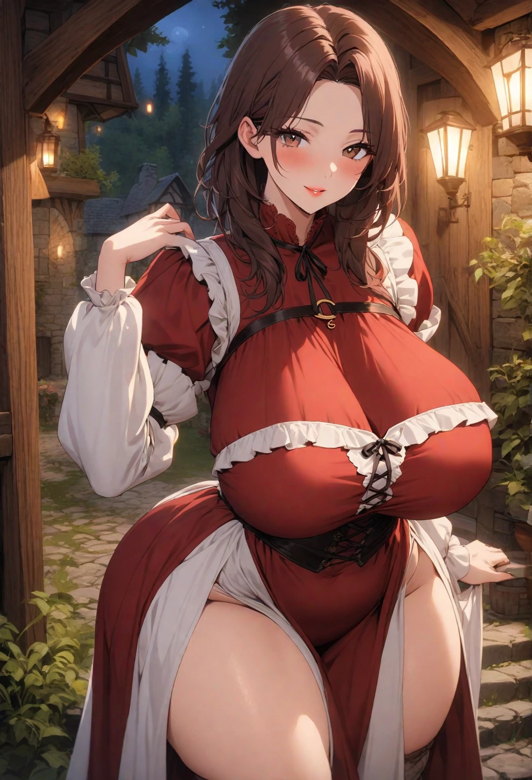 Hentai、High resolution、Focus on people、A super busty, dark-skinned elf gal spreads her legs and makes a sex appeal in a ritual costume at a late-night forest altar.、Reimu Hakurei、Perfect proportions、Cowboy Shot、Erect nipples、Unusually large breasts、Fatty thick legs、Exposing pussy、Sweaty