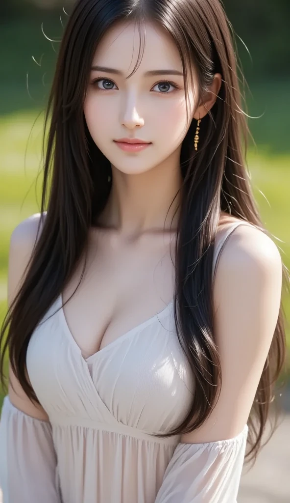 highest quality、Natural Lip、Fair skin、Great light、Beautiful lighting、((Straight hair))、((Ponytail Hair))、((Black Hair))、Blunt bangs、Off the shoulder、Big cleavage、White crop top、mini skirt、Gorgeous Accessories、Harajuku、smile、かわいいsmile、Crowds in the city