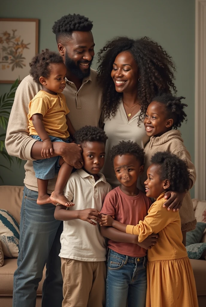 (best quality,highres,masterpiece:1.2), realistic,stunning,family portrait,5 individuals, father:white, mother:black, 3 mixed-race children, 2 boys, 1 girl, adorable, joyful expressions, detailed facial features, beautiful clothing, nike outfit, loving atmosphere, colorful background, happy family dynamic, vibrant colors, professional lighting