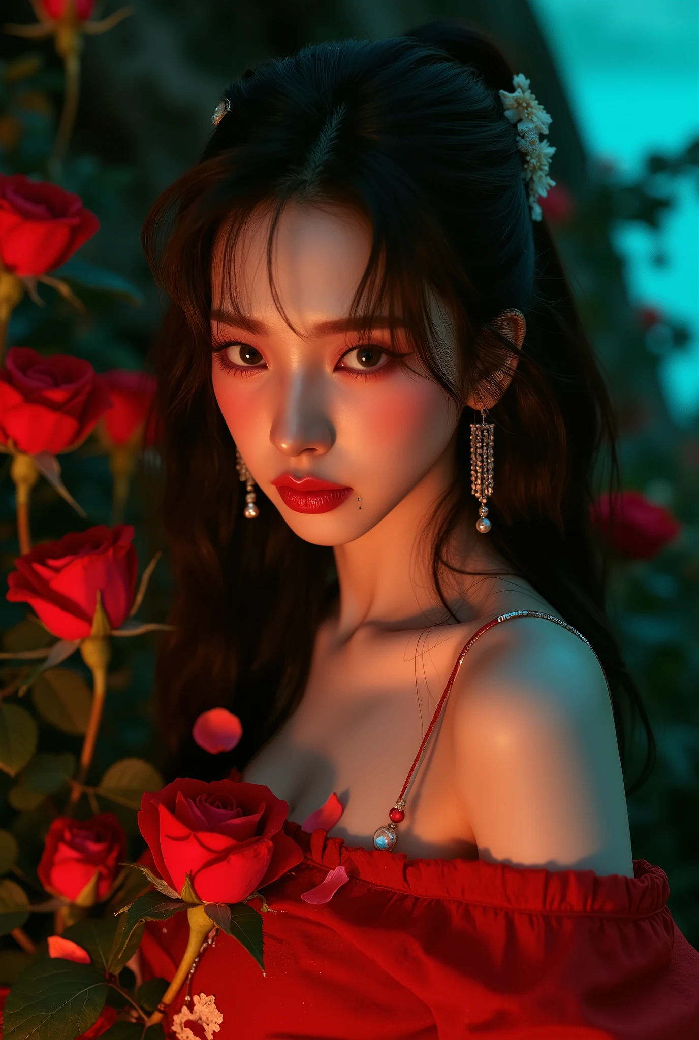 rose ruffle wedding dress、Idol、red hair、red glitter eyeshadow、red dress、rose motif dress、japanese hairstyle、a gorgeous stage、acting xxx、red light、top quality