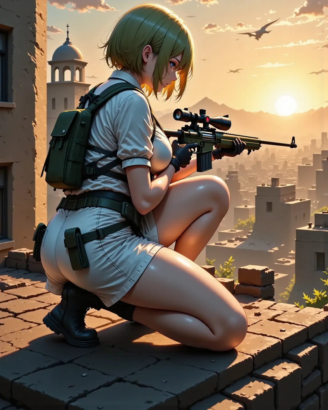 very beautiful girl, age 20 years old, face hidden by hairstyle, back of head, ponytail hairstyle, sniper, soldier, dragon tattoo, best quality, masterpiece, realistic, detailed, 4K resolution, ultra-realistic, highly detailed, incredibly detailed, HDR <lora:MegaGirls:1>,  <lora:BLTA2:0.4>