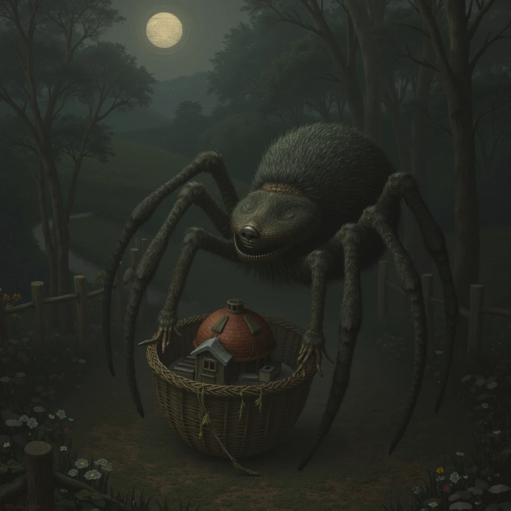 A giant, rotting caterpillar-like creature covered in human-like eyes and mouths, weaving webs of sinew and flesh in a dark, eerie forest. The web is pulsating with life, capturing its prey in a macabre embrace.