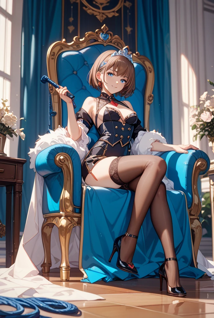 Temptation Pose Sexy body Attractive face Heart symbol Cute Smile An eye is a heart Attraction magic big Royal Background Please push out before sitting on the throne and crossing your legs.. Gorgeous costumes Provocative look Wear knee socks short hair Wearing a tiara Side bust