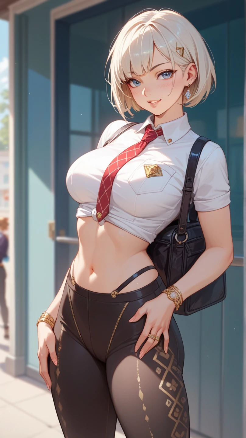 1 girl, bangs, loli body, 14 year old girl, crop top, blonde hairstyles, cleavage, mouth, round breasts, ass facing viewer, back on screen, smiling, tight, Ultra -HD | |, 4k image, glasses, character near the camera, taking off her panties with her hands