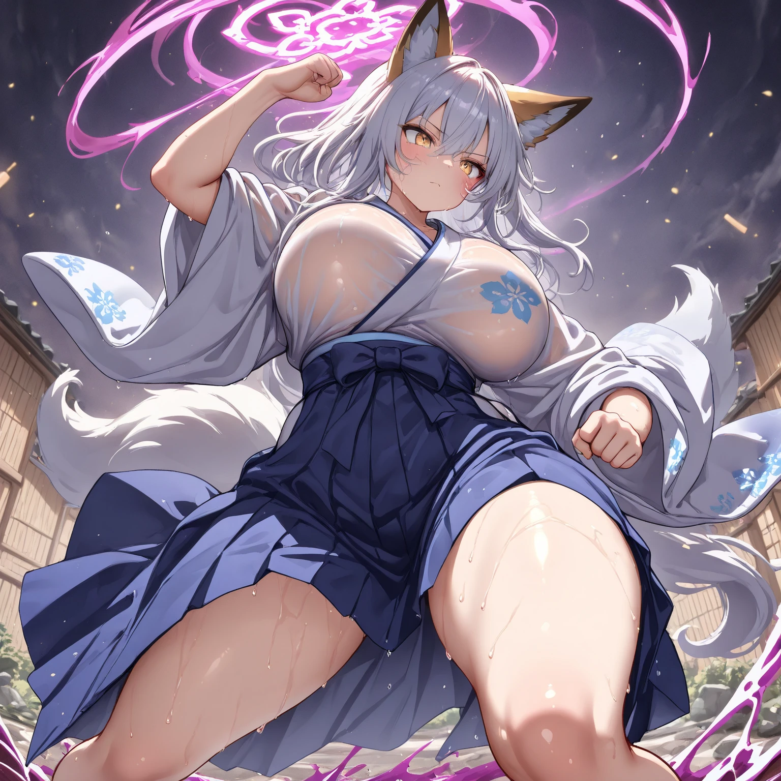 High resolution、highest quality、4K、Gray Hair、bangs、長いGray Hair、Tattoos on the face、Slanted Eyes、Purple lipstick、Glowing yellow eyes、Pale skin、nine tailed fox、9The Fox&#39;s Tailを持つ少女、Purple Oiran、Big white fox ears、Large Breasts、Cleavage、Ruthless smile、smug face、Aggressive、Blue Flame、指先からBlue Flame、Full moon night、Full Body、flying、Super detailed、９The Fox&#39;s Tail