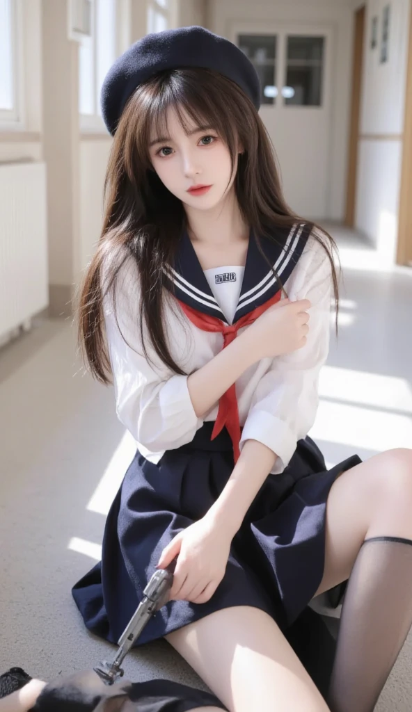 best qualtiy,tmasterpiece,超高分辨率,(realisticlying:1.4),teens girl,Juvenile, Clear face, Clear eyes, Look to the left, Wear white knee-length socks