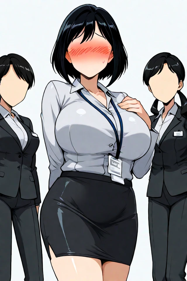 （（super high quality,））（（Ultra-high resolution,））（16K,）（super masterpiece,）（（Ultra HD ,））（Detailed shading,）Three sexy wives,Office Lady,（（popped Tight collar White shirts,））Unbutton the third button,Black tight skirt,Glasses,blush,Ahegao,necklace,wedding ring,Sweaty,Flowing Love Juice,Dark Room,