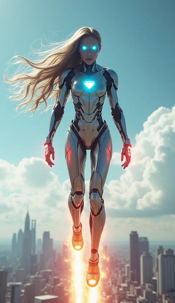 photorealistic image of AI girl in exosuit as supermodel flying like Iron Man does