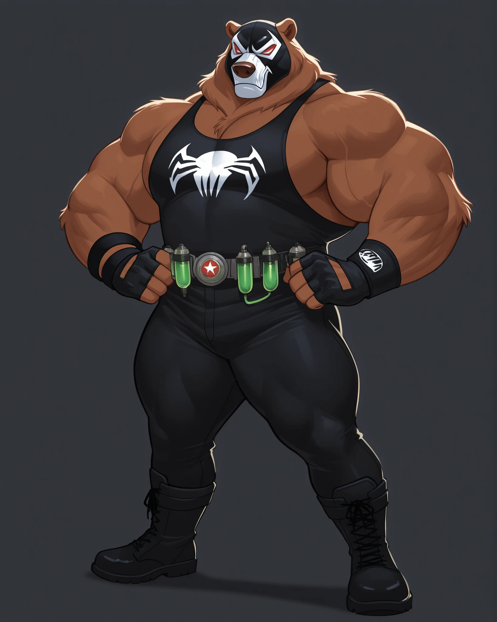 DISNEY ANIMATIONS, 8k, The best quality, very well drawn, detailed,  high quality, detailed, 4k, high resolution, high quality, high resolution, furry character, ursine, kodiak brown bear, bear, boots, posing, (sexy), thick arms, huge arms, 8ft, 595lbs, ( brown fur)), simple background, lights, seething, standing, black pants, black tank top, fingerless gloves, wristband, venom tube, cable top, black and white luchador mask with ears sticking out, Kodiak brown bear as Bane from DC Comics 