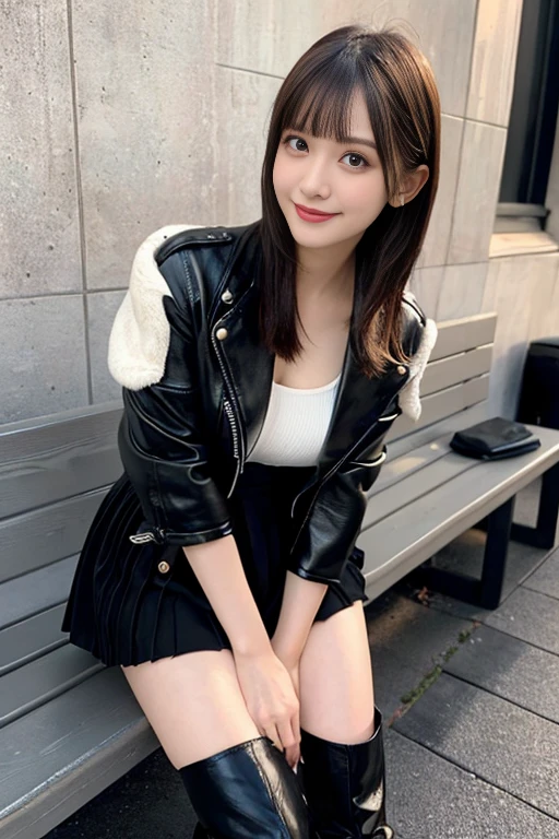 (Climbing the hills of the city、18-year-old female:1.5)、(A little tired face:1.2)、(The best quality at its best:1.4), (Super detailed), (Very detailed CG unified 16k), Beautiful woman with perfect figure: 1.4, Sharp focus: 1.2, Very detailed, High-quality RAW color photos, Professional photography, Great face and eyes, cosmetics, (Amazingly beautiful girl), ((Black coat、White blouse、Denim mini skirt、Black Stockings、Black boots:1.5)), Sexy posture，(View from below), Realistic movie faces, Full body long view from head to toe, Realistic, ((Realistic natural orange red hairstyle, Realistic blue eyes)), ( Short Bob Hair:1.5), (necklace:1.5)、, Very beautiful face, Perfect model beauty, Mouth swelling, Highly detailed face and skin texture, Fine grain, double eyelid, Medium chest, smile, (masterpiece), highest quality, High resolution, Very detailed, Blurred Background, Depth of written boundary, Cinema Lighting, Great legs, , Clear, well-maintained skin,