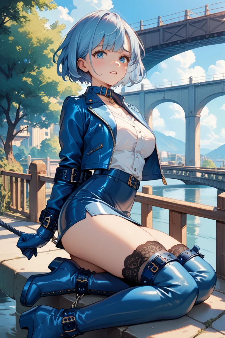 ((Highest quality)), ((masterpiece)), ((detailed)), (4K),1girl, 独奏, crop top, darkblue hair, pink eyes, medium breasts, bikesuit, choker, bracelet, (rain), ((wet)), see through, evil grin, jagged teeth, (from below), (looking down), looking at viewer, (spread legs), town