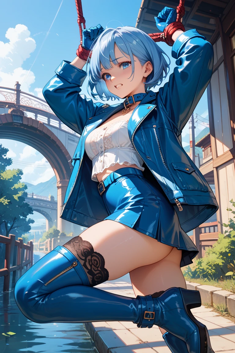 best quality,4k,8k,highres,masterpiece:1.2),ultra-detailed, extremely detailed eyes, extremely detailed body, (large masterpiece digital art), (detailed manga illustration), (detailed line art), ((perfect anatomy)), (intricate details:1.3), (ultra-detailed:1.3), (illustration:1.3), (sharp focus:1.3), (natural lighting:1.05), (vivid colors:1.3), (masterpiece), expressive eyes, perfect face, 1 girl, breasts, cleavage, gloves, large breasts, casual clothes, white shirt, tee shirt, denim jacket, jacket, {blue hair}, medium hair, wavy hair, (gray eyes), black denim shorts, shorts, dynamic pose, Huge ass, curvy, fur trim, hair bun, black ankle boots, cinematic lighting, heroic atmosphere, Beautiful woman, Atey Ghailan, Jeremy Mann, Greg Manchess, Antonio Moro, trend in ArtStation, trend in CGSociety, Intricate, High Detail, Sharp focus, dramatic and photorealistic painting art by Midjourney and Greg Rutkowski, Marvel Cinematic Universe style, (((mystical gothic castle in the background))),