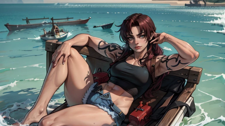 digital art, Revy, masterpiece, best quality, sexy pose, at small modern speedboat, denim shorts, black tank top, wet skin
