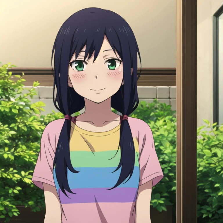 highest quality, masterpiece, High resolution, alone, {koganeikoyuzu_Edmaelf:1.15}, black_hair, length_hair, 前hair, green_eye, blush, smile, dull_前hair, 1 girl, Open_mouth, :d, shirt, upper_body, indoors, legs open, (panties), 10 years old, 細いbodyと平らな胸を持つ, legs open