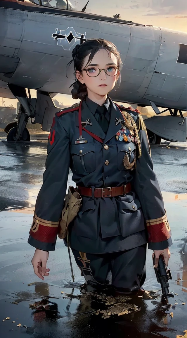 Modest outfit, remote shot, detailed beautiful delicate face, detailed beautiful delicate eyes, perfect facial proportions, high-definition skin, fine skin, four-inch best ratio. With one thumb, a masterpiece, highly detailed, realistic, (World War II German general uniform reference : 1.8), the highest face resolution, adult, modestly dressed woman, dressed entirely, ( small, black hair, black straight bangs, super fine braids, straight bangs, red glasses, dark green eyes), future, science fiction, fighter plane, standing On the landing of a fighter plane, the government agency, a deep intelligent personality, a calm expression, a respectful face, a war, a fighter plane