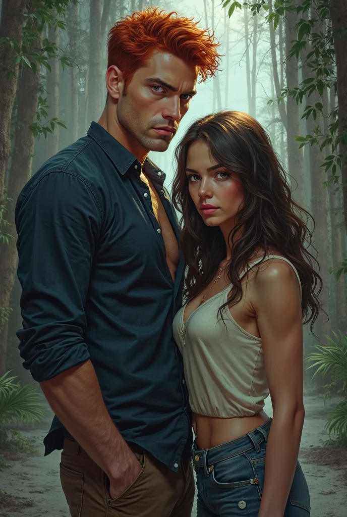 Realistic action and youth romance book cover with title "The New King of the Streets". writer: LiFear. Two characters must be on the cover:
Man - **kor:** - **Appearance:** Dark-brown hair, smooth and cut in a disorderly manner, deep brown eyes, brown skin, thin, undefined body without a shirt.
Woman - **kor:**
- **Appearance:** Light brown wavy hair, greeneyes, skin fair, average height and athletic body.
