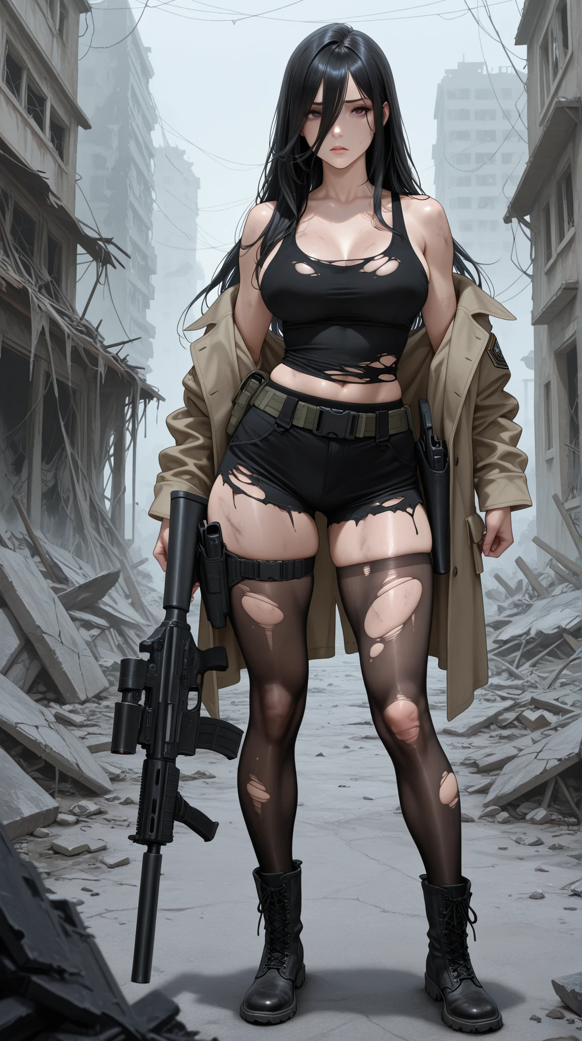 (absurdres, highres, ultra detailed), (1girl:1.3), green and red hair, big breasts, rebel expression, youthful pose, bullet belt, carries a futuristic bazooka, black and white cyberpunk camouflaged mini skirt, cyberpunk vest, Tribal tattoos, full body approach.