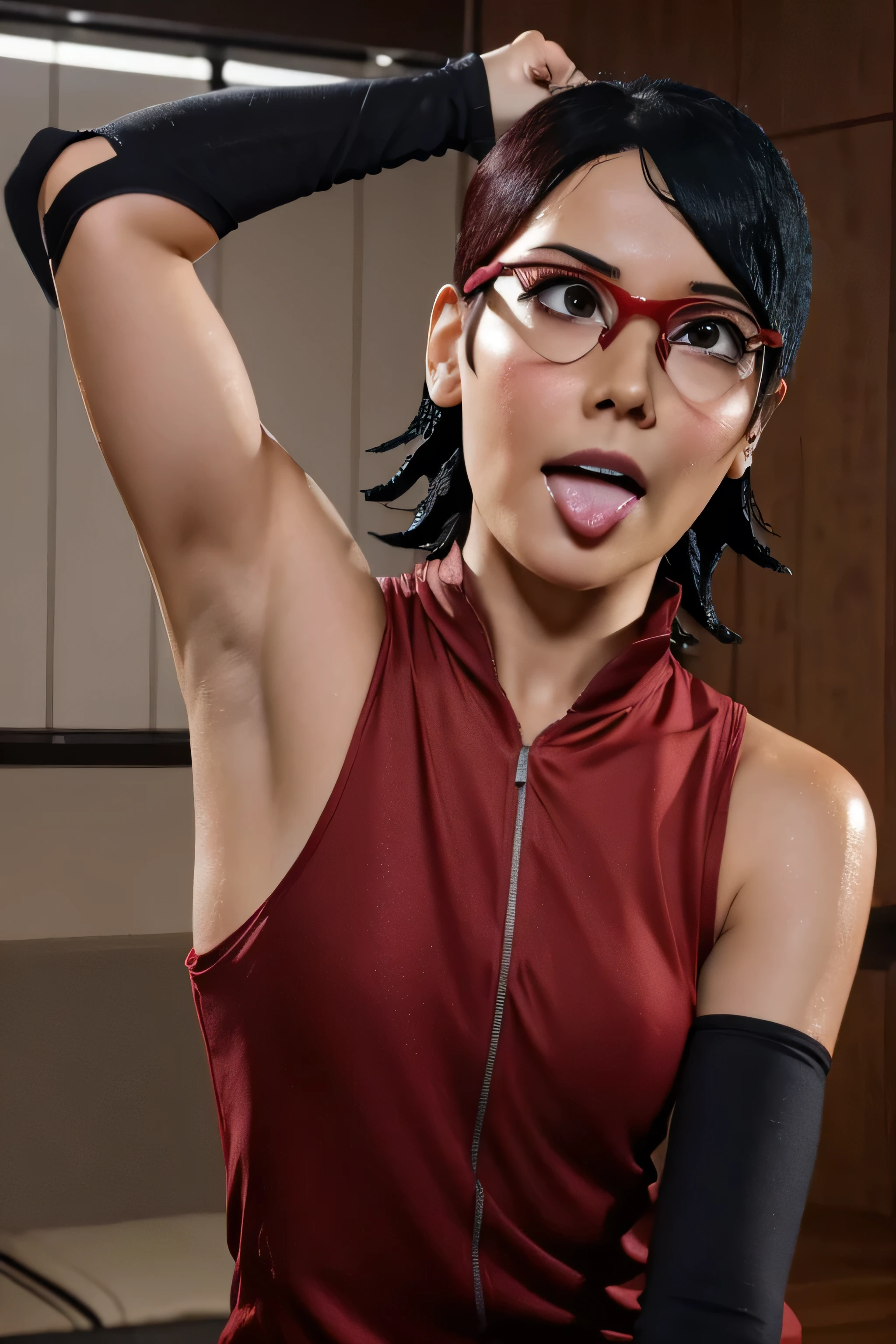 1 girl, standing, beautiful Sarada Uchiha, 1, Cups, Black thighs, arm warmers, forehead protector, shorts, short hair, big chest, wearing glasses, small hips, big ass, medium breasts,capture anime screen, Sarada is 1, mature appearance,armpits,sweat,sweaty,sweaty armpits,arms up,showing armpits,awesome armpits,outfit, red arm warmers,maroon arm bands,red arm warmers