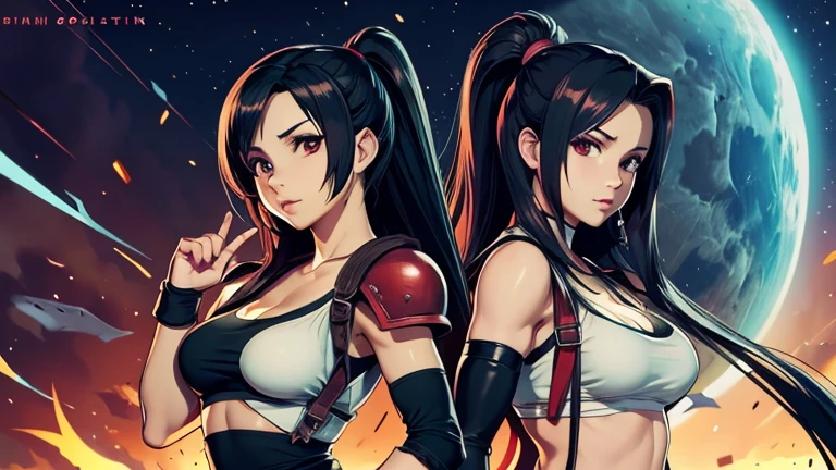 defTifa, red eyes, low-tied long hair, earrings, white crop top, suspenders, black miniskirt, pencil skirt, arm warmers, elbow gloves, elbow pads, red gloves