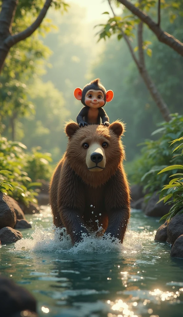 (masterpiece:1.2, Highest quality, Ultra-high resolution, Very detailed, Realistic, RAW Photos:1.2, Elaborate photos), 8k, wallpaper, (Ray Tracing), (Child wearing a safari outfit riding a sun bear with a distinctive golden chest mark), (Lush tropical jungle with towering trees, vines, and exotic flowers, sun rays breaking through the canopy), (Colorful parrots and monkeys playfully swinging from branches, the bear navigating through thick foliage), A photo that captures the excitement and wonder of a child exploring a vibrant jungle on the back of a sun bear, surrounded by the beauty and diversity of the rainforest.