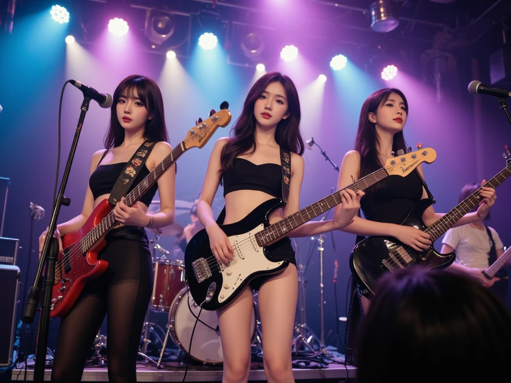 Japanese twenties female trio、guitarist、Electric guitar、Electric Bass、Divas singing while playing the keyboard、pop song、mini skirt、knee high、Navel exposed、bare shoulders、