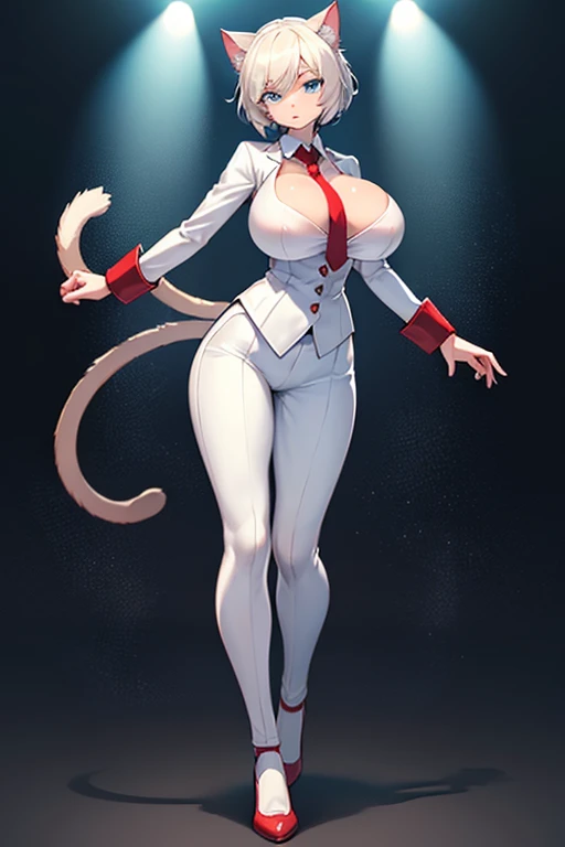 syamumerurusa, blue eyes, animal ears, cat ears, dark skin, dark-skinned female, sunglasses, eyewear on head, gloves, white hair, long hair, breasts, tail, shorts, thighhighs, elbow gloves, cleavage, cat tail, large breasts, navel, fishnets, bare shoulders, 1girl, solo, full body, standing, tall female, curvy, bodysuit, superhero costume, refsheet