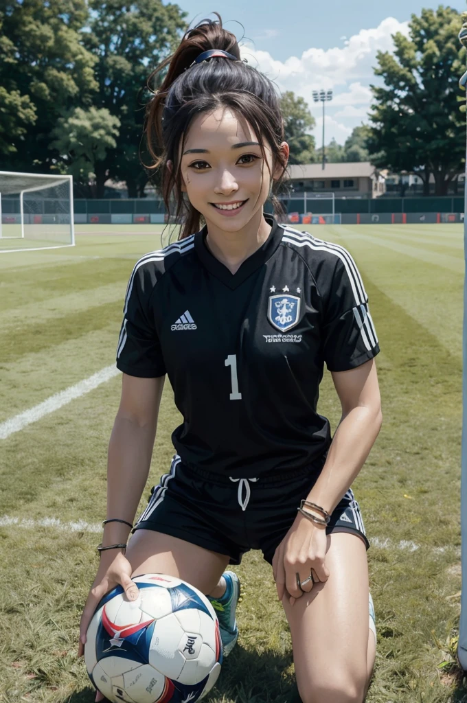 soccer uniform, soccer field, 1girl, sweaty skin, huge smile, sweaty hair, fallen on the ground