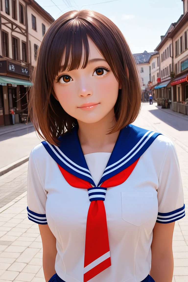 ((White short sleevesセーラー服、女子White short sleeves水兵服))、((Summer clothes、White short sleeves、(Navy blue pleated mini skirt、Red ribbon)、I can see your belly button))、1 girl、21 years old、Tight Abs、Slim body、masterpiece:1.3、Highest quality、Raw photo、Bob Hair、Brown Hair、Big Breasts、