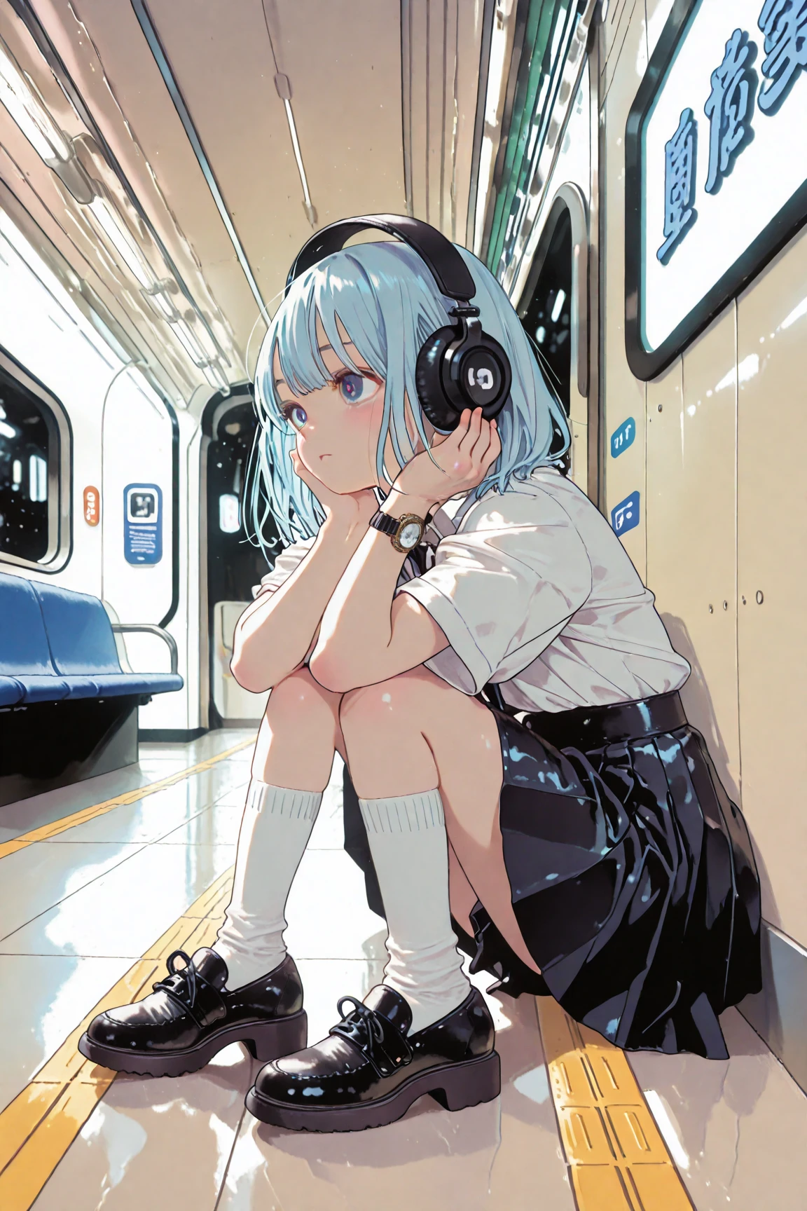 ((highest quality)), ((masterpiece)), (be familiar with), perfect face, Earphones connected to a smartphone, listening to music using earphones, operating a smartphone, White T-shirt, light cardigan, sky blue cardigan, leather pants, On the train