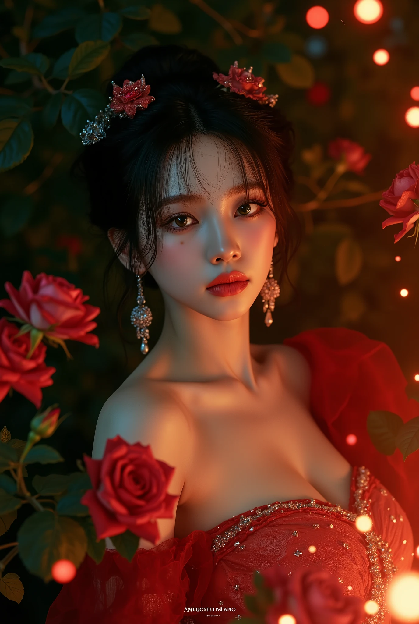 1girl, full body, white dress, detailed face, very long thick messy dry black hair, dark background, beautiful ethereal ghastly, (masterpiece), highest quality, ultra-high resolution, (luminescent glowing rose:1.2) inside exquisite glass cloche, mesmerizing design, craftmanship display, sharp focus, fallen petals, gigantic breasts, (looking at viewer:1.4), 