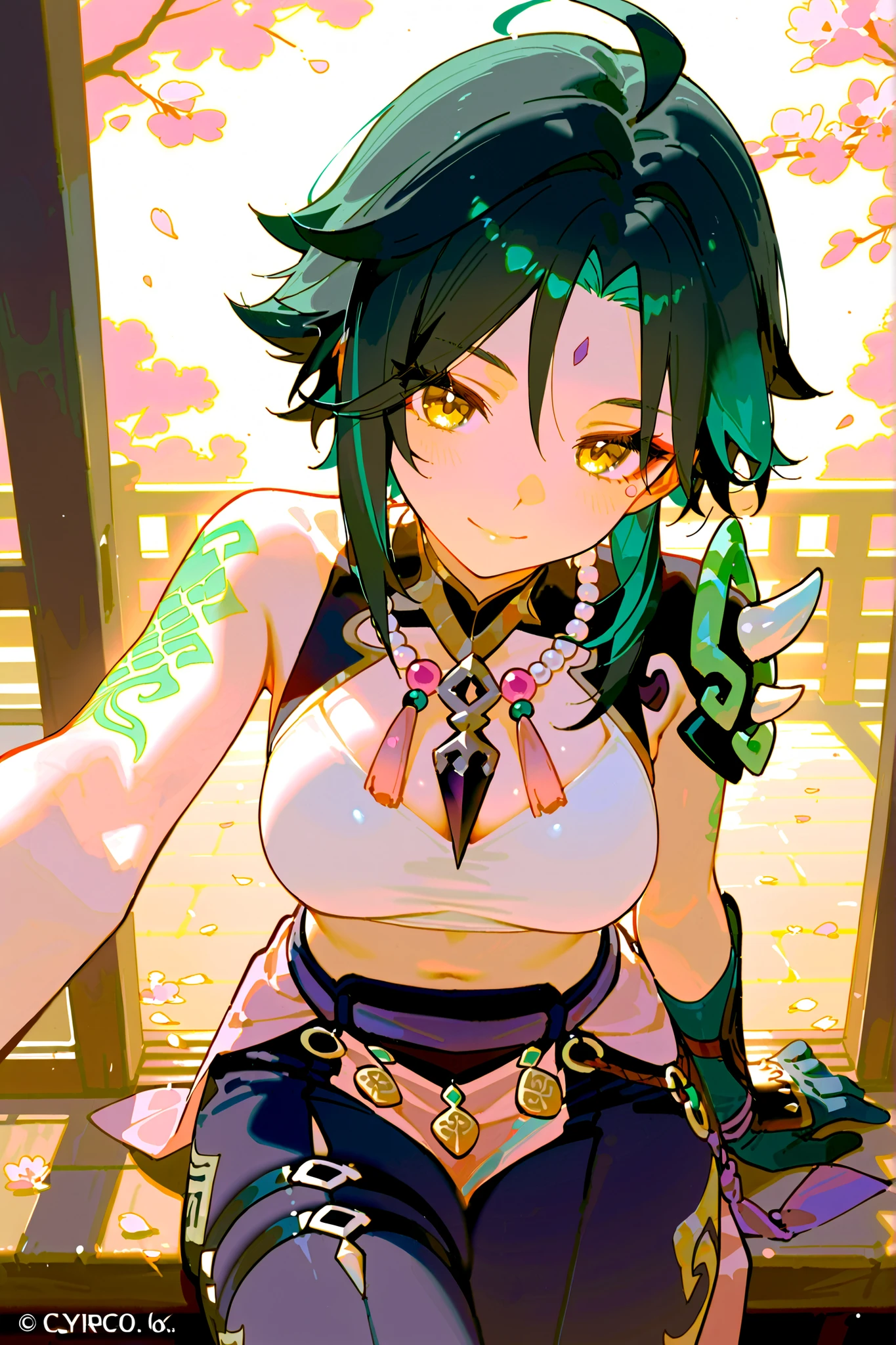 (((best quality))), ((ultra-detailed)), ((an extremely delicate and beautiful)), ((16k)), realistic, hd, cgi, gleaming hair, gleaming skin, gleaming dress, Character focus, solo, stylish pose, strong light coming in, sharp focus, illustration, game cg, anime, solo, curvy, (small breasts:1.3), forehead, (white taut one-piece swimsuit:1.2), faste collarbone, (belly:0.9), standing, leaning forward, hand on own head, looking at viewer, ocean, flower hair ornament, accessories, backlighting, shiny skin, shiny body, chibi, xiao, (genshin impact), gloves, tattoo, arm tattoo, necklace, jewelry, green hair, bead necklace, multicolored hair, beads, yellow eyes, mark on forehead, purple mark on forehead, short hair