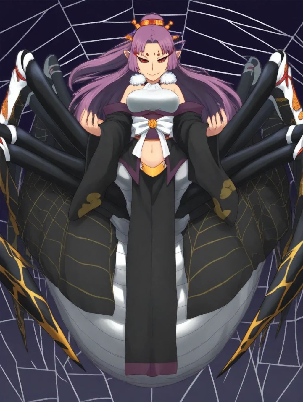 (absurdres, best quality, masterpiece:1.2), 1girl, solo focus <lora:mgq_spiderprincessv0.1:0.70>, (mgq_spiderprincess:1.1), arachne, spider web, silk, <lora:animeArachne_v10:.3>